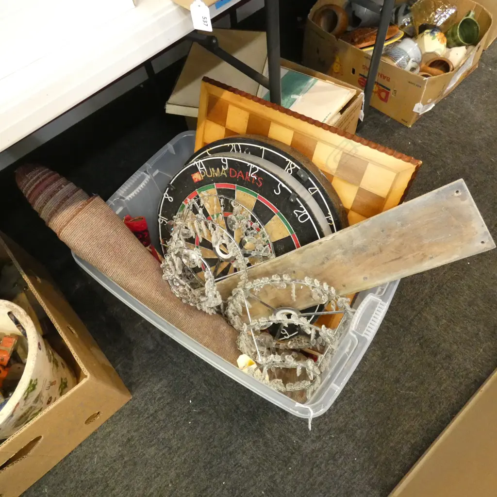 BOX LOT 2 DART BOARDS, RUG, PR LIGHTS, CHESS BOARD ETC Image 1++