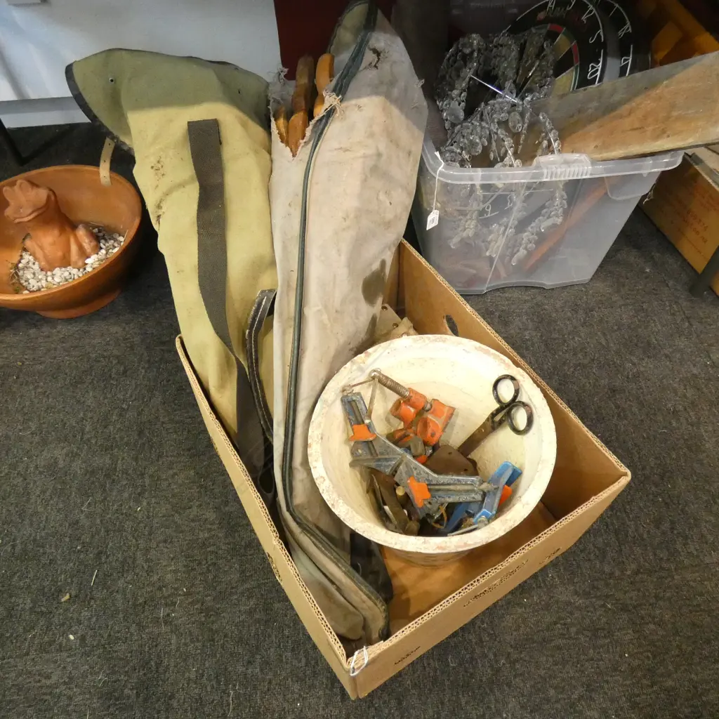 BOX LOT ASST. CORNER BRACE TOOLS + 2 BAGS OF SAWS ETC Image 1++