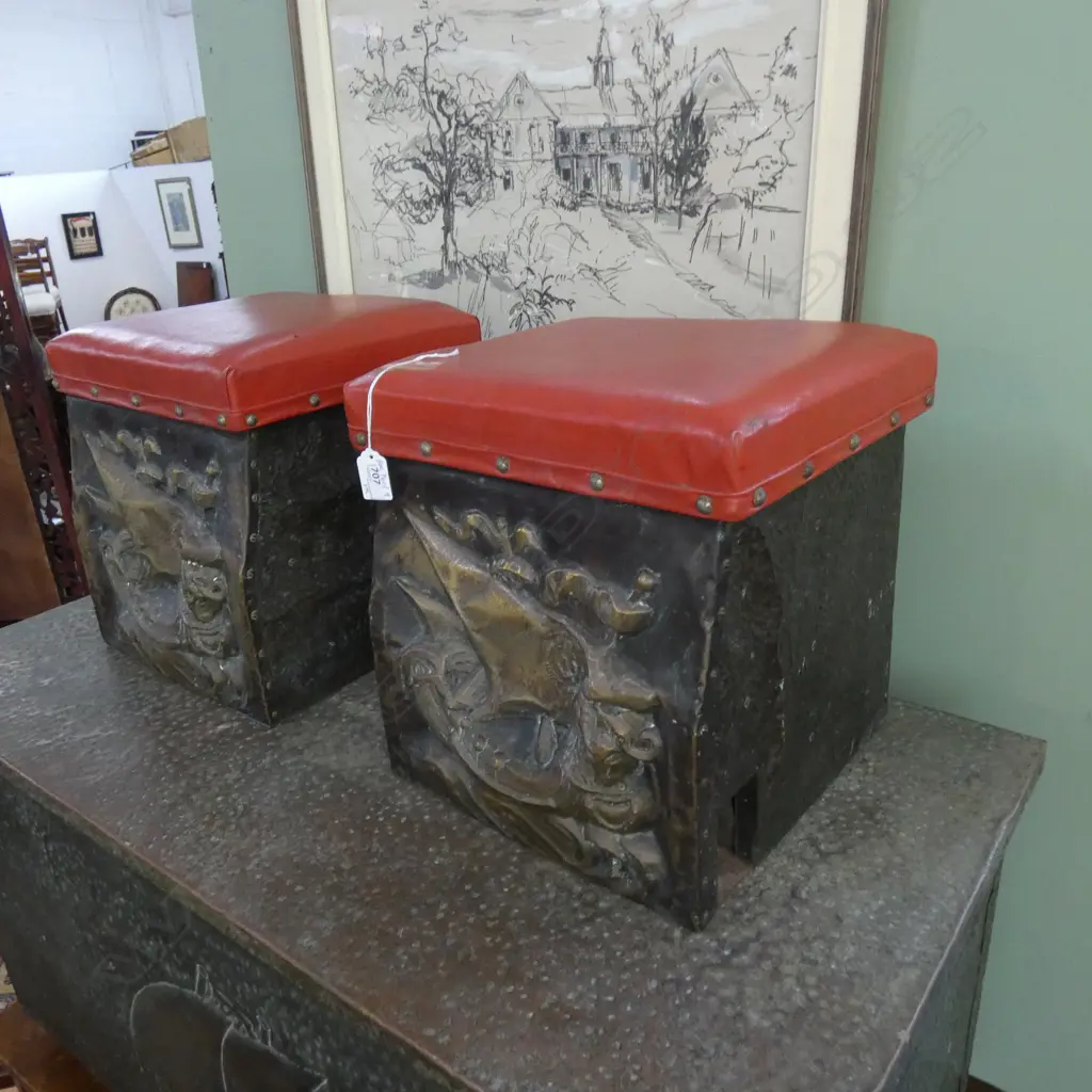 PR BEATEN COPPER STOOLS RED VINYL UPHOLSTERY  Image 1++
