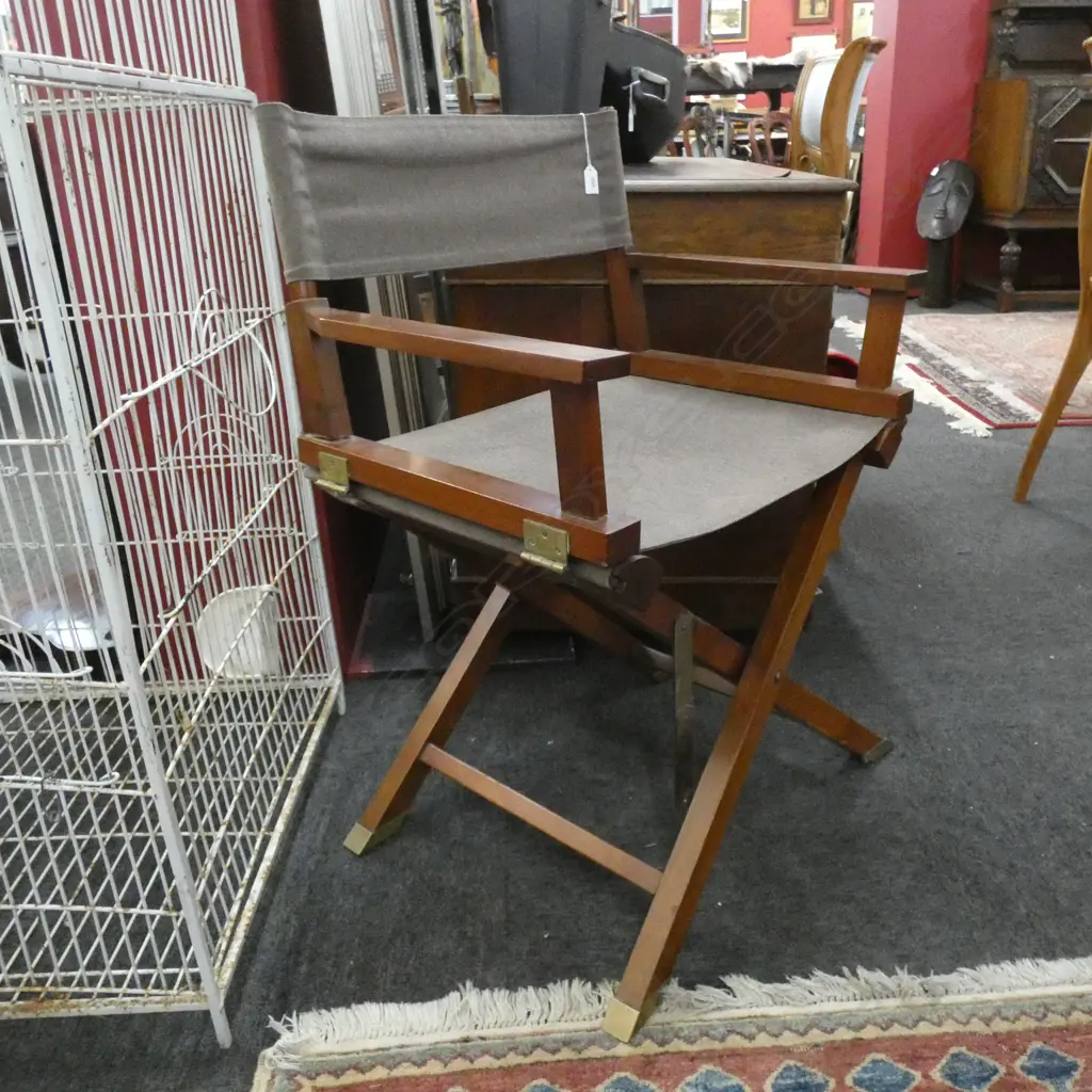 FOLDING DIRECTORS CHAIR W BRASS HINGES & FEET /LIGHT BROWN CLOTH Image 1++
