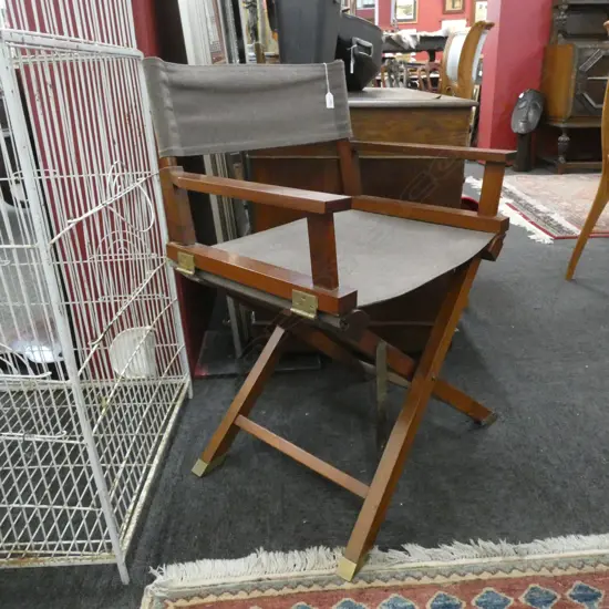 FOLDING DIRECTORS CHAIR W BRASS HINGES & FEET /LIGHT BROWN CLOTH