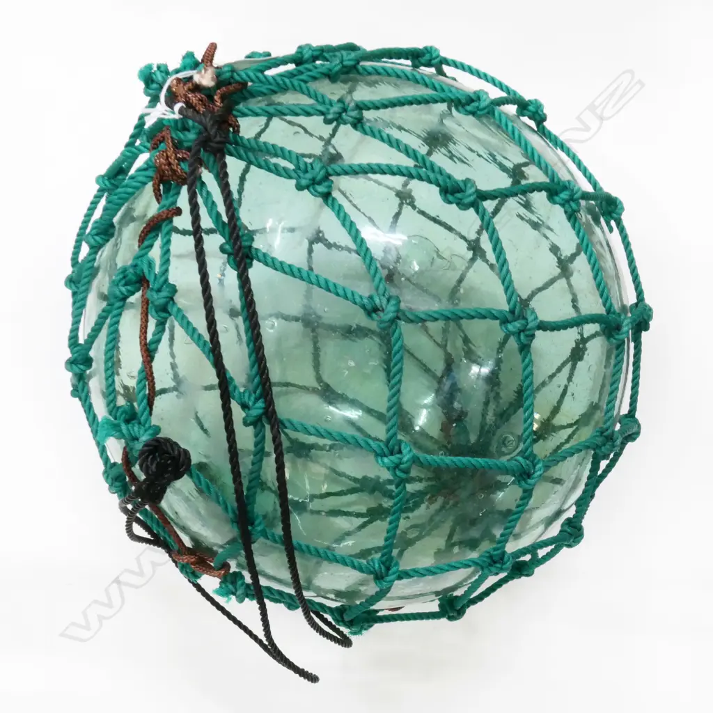 OLD LARGE GLASS FISHING FLOAT WITH GREEN NETTING Dia.350mm Image 1++