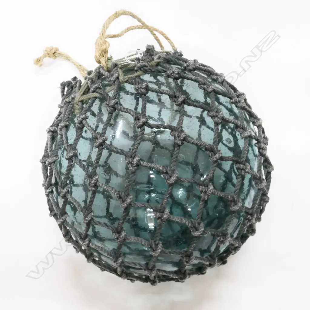 OLD GLASS FISHING FLOAT WITH GREY NETTING Dia.280mm Image 1++