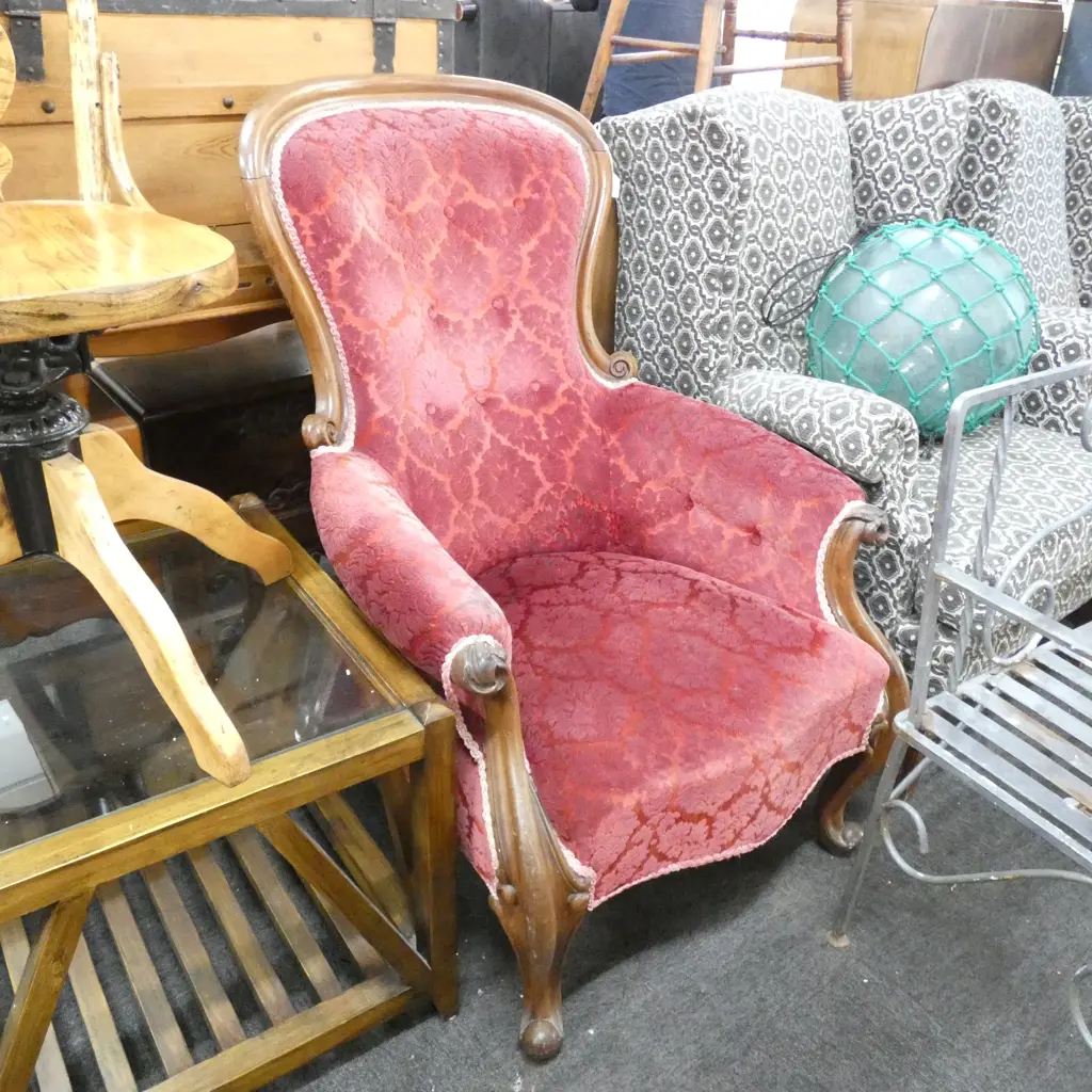 VICTORIAN MAHOGANY GRANDFATHER CHAIR RED UPHOLSTERY Image 1++