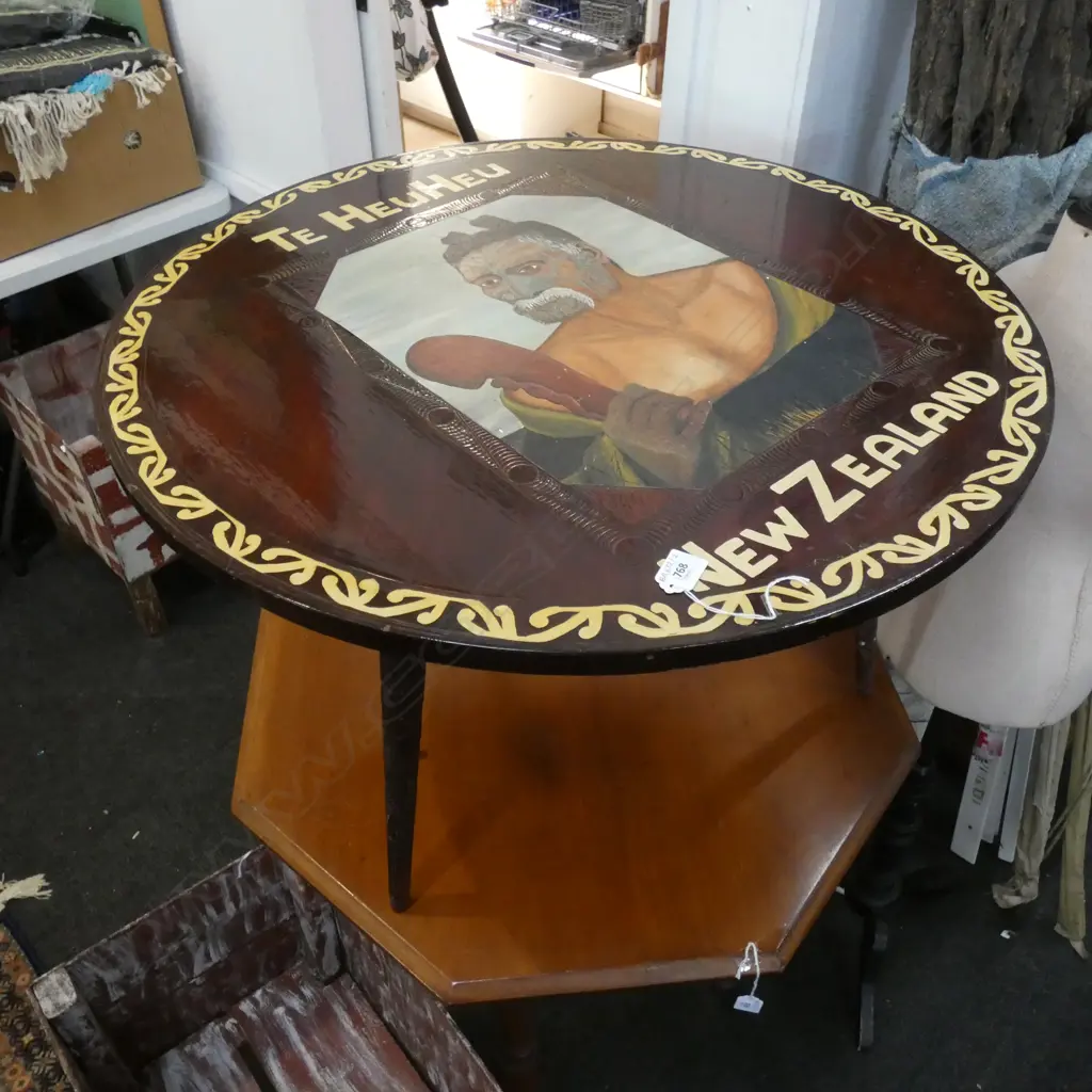 CARVED CIRCULAR MAORI TABLE 'TE HEUHEU NEW ZEALAND' 760mm dia Image 1++