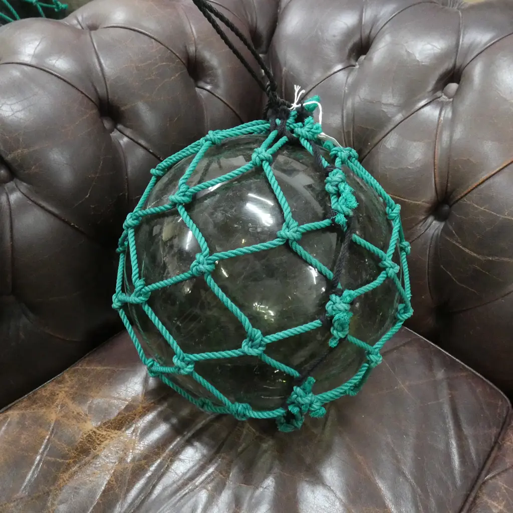 OLD GLASS FISHING FLOAT WITH GREEN NETTING Dia.300mm Image 1++