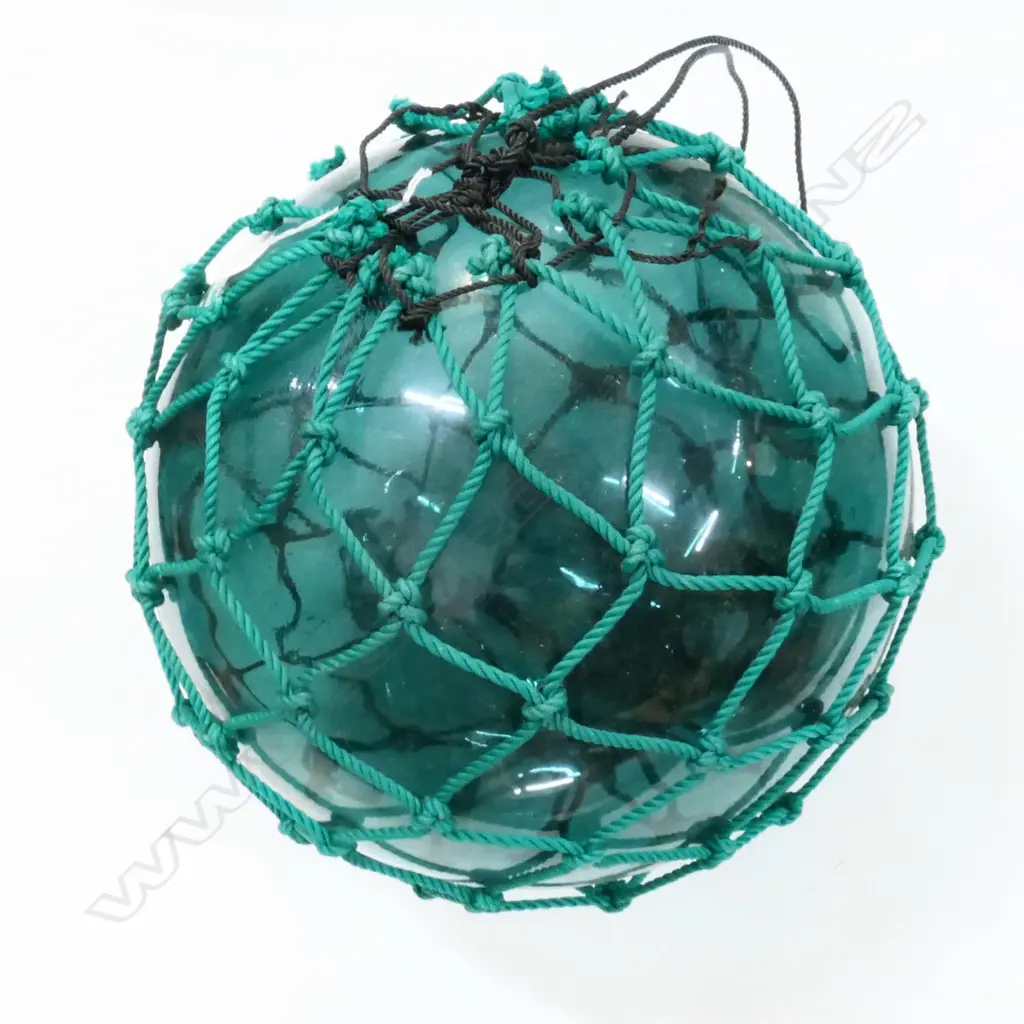OLD LARGE GLASS FISHING FLOAT WITH GREEN NETTING Dia.350mm Image 1++