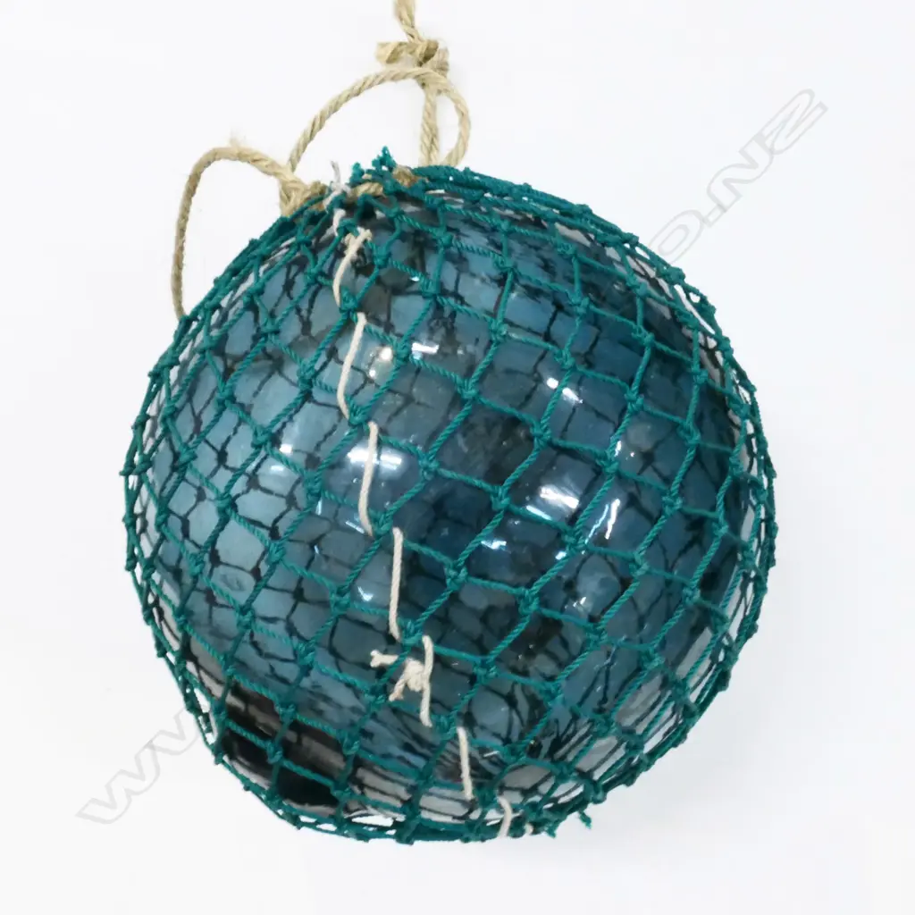 OLD GLASS FISHING FLOAT WITH GREEN NETTING Dia.300mm Image 1++