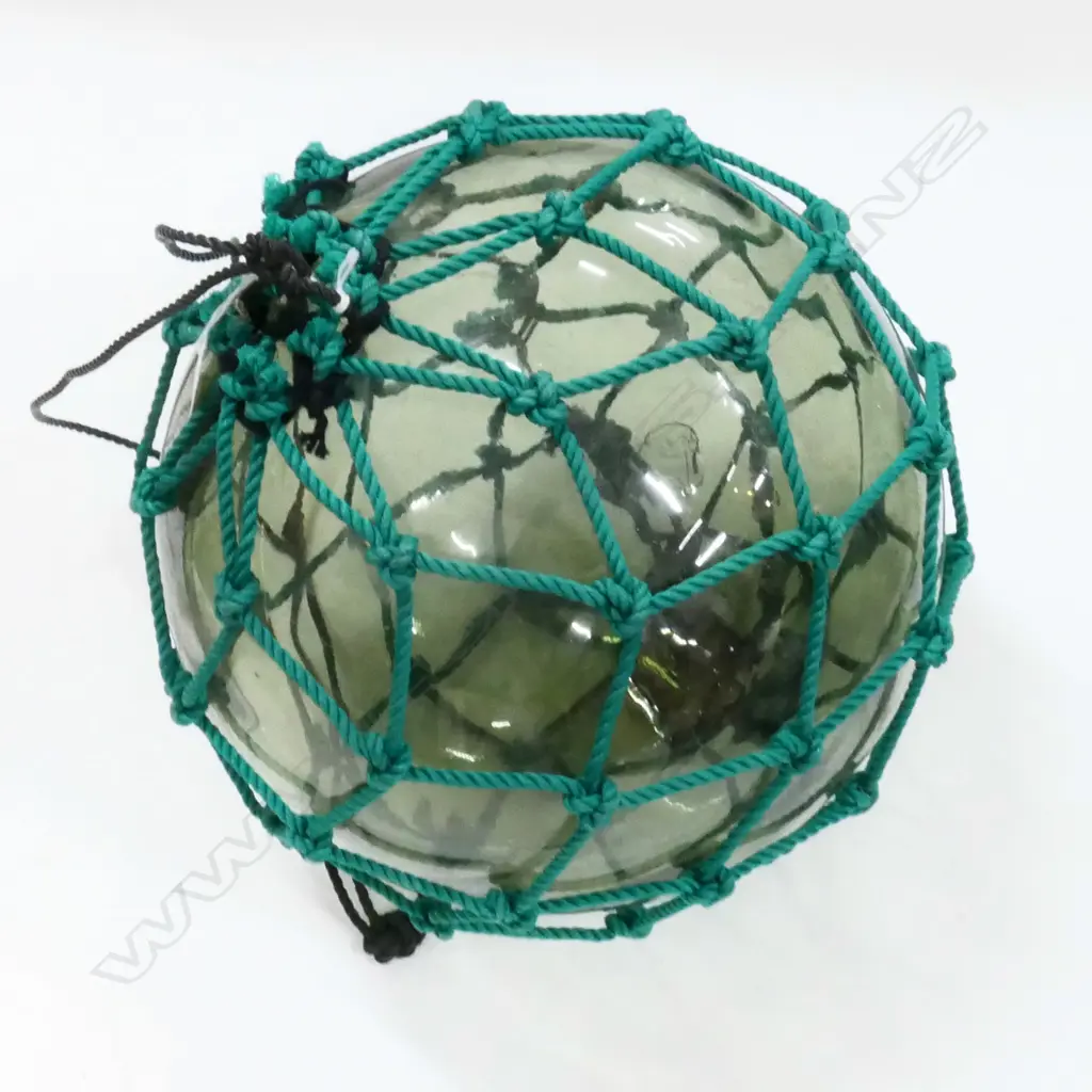 OLD GLASS FISHING FLOAT WITH GREEN NETTING Dia.300mm Image 1++