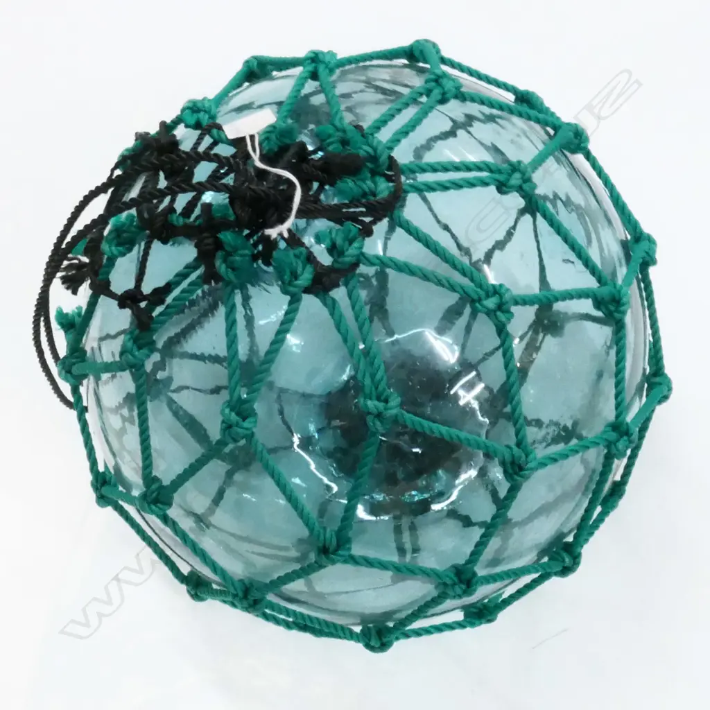 OLD GLASS FISHING FLOAT WITH GREEN NETTING Dia.300mm Image 1++