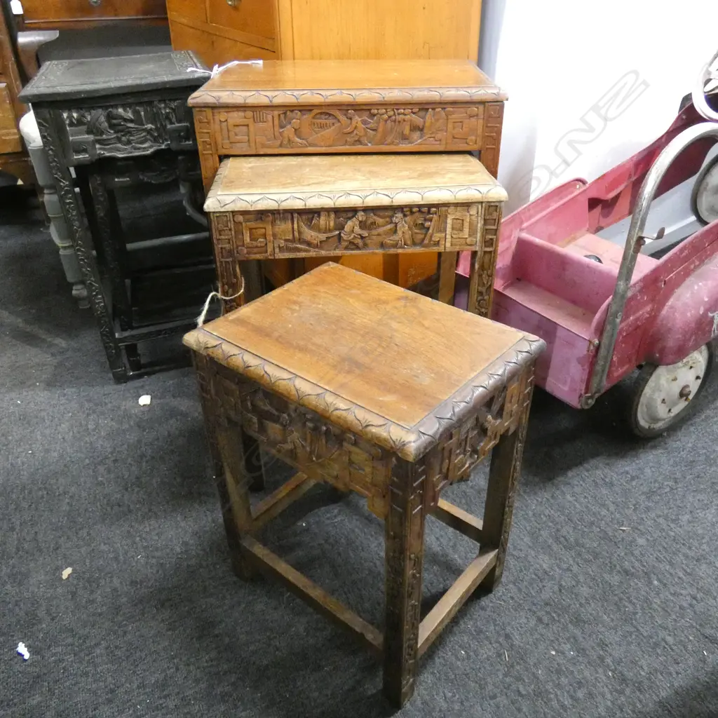 SET OF 3 CARVED WOODEN CHINESE NESTING TABLES... Image 1++