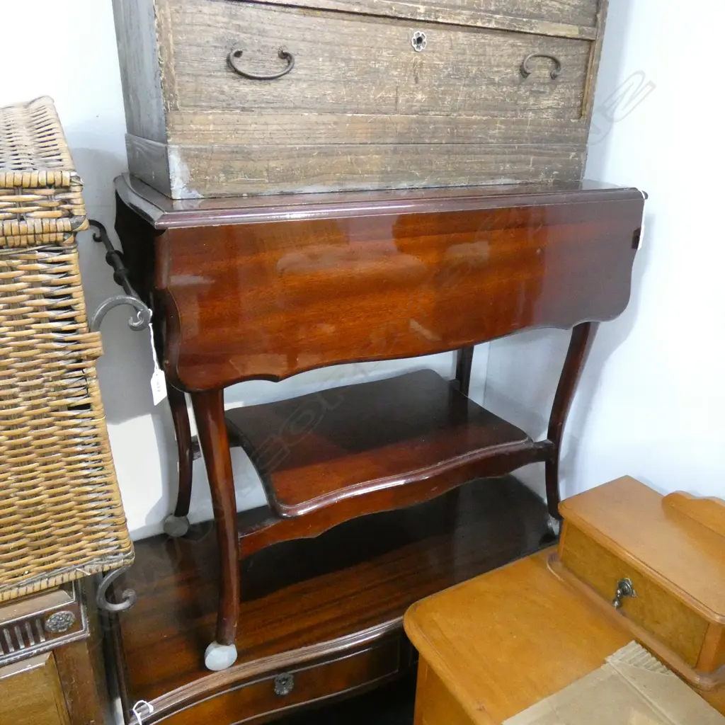DROP SIDE POLISHED MAHOGANY TEA TROLLEY L.745mm Image 1++