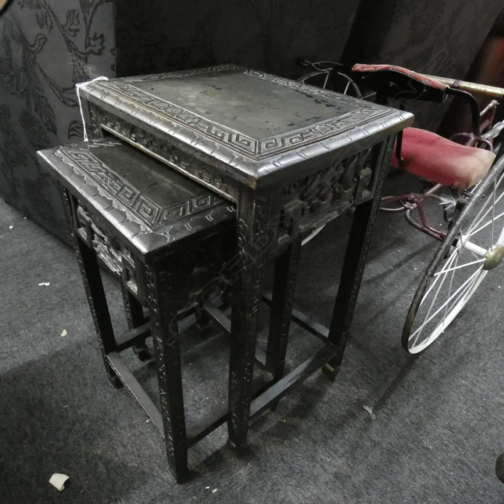2 ORIENTAL CARVED WOODEN EBONIZED NESTING TABLES H.560mm Image 1++