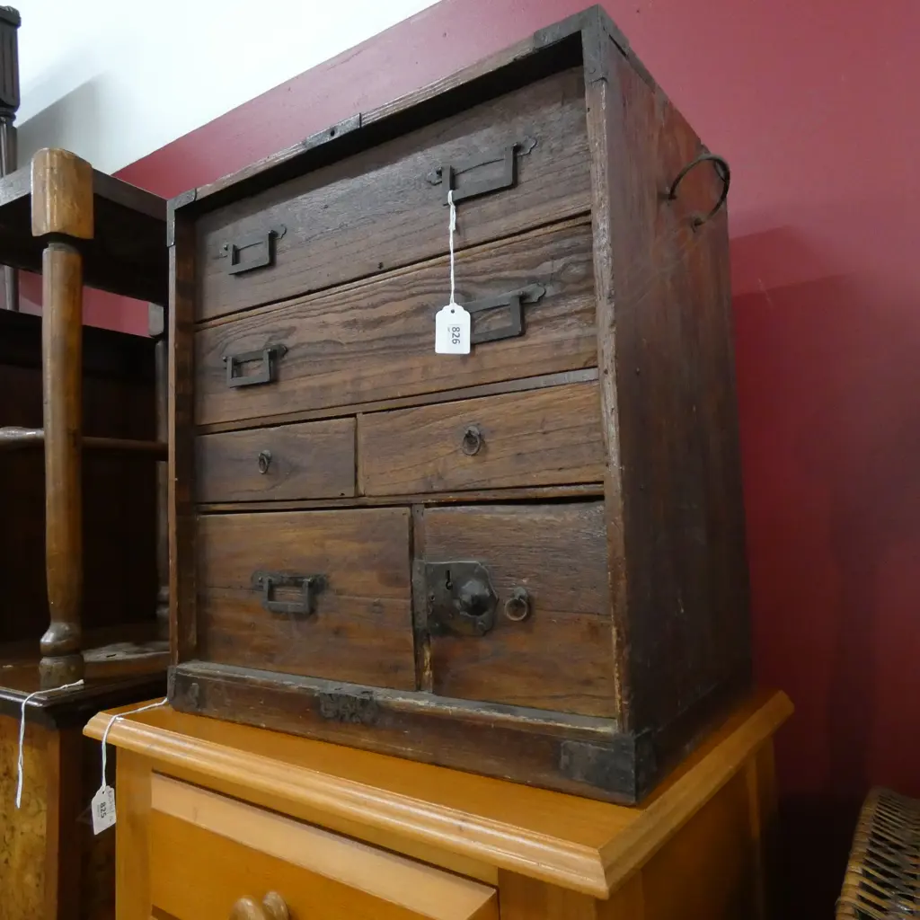 VINTAGE JAPANESE LIGHT STAINED WOODEN TANSU CHEST 6 DRAWER + 2 SLIDING CUPBOARDS 565 X 290 X Image 1++