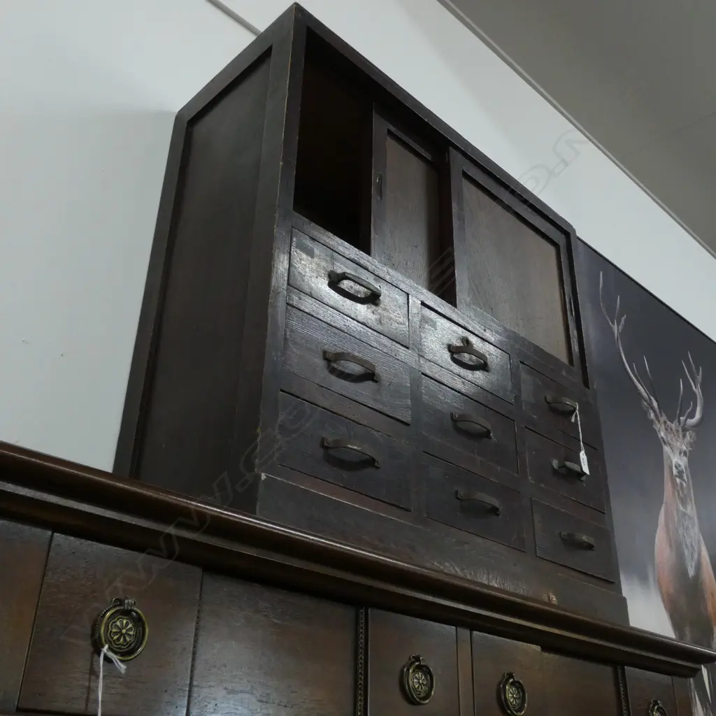 VINTAGE JAPANESE DARK WOODEN TANSU CHEST - 9 DRAWERS & 2 SLIDING CUPBOARDS 710 X 295 X 765MM Image 1++