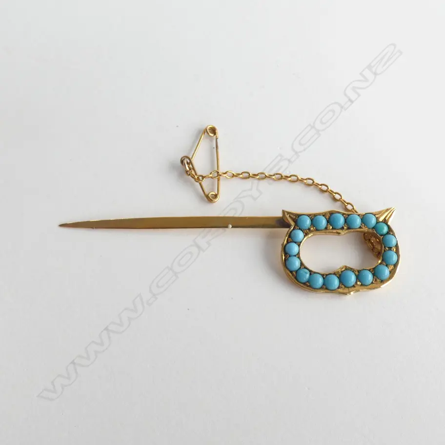 9CT ANTIQUE TURQUOISE PIN BROOCH 4.7 gms Image 1++