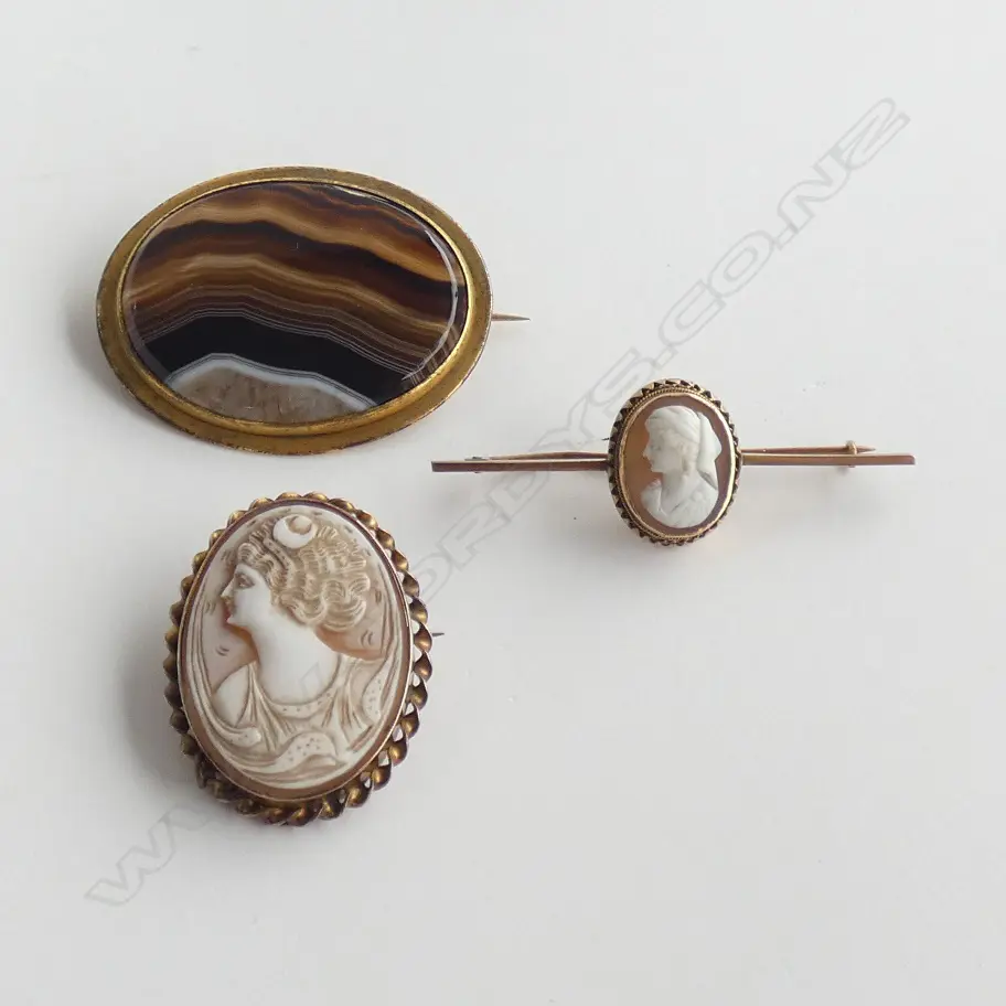 2 9ct CAMEOS + BROWN AGATE BROOCH Image 1++