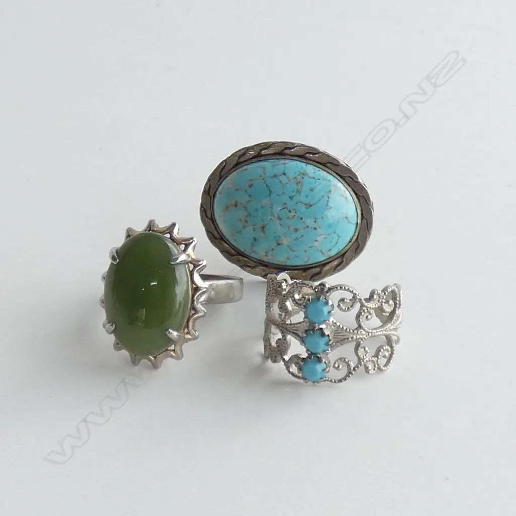 3 COSTUME RINGS; TURQUOISE, GREENSTONE ETC Image 1++