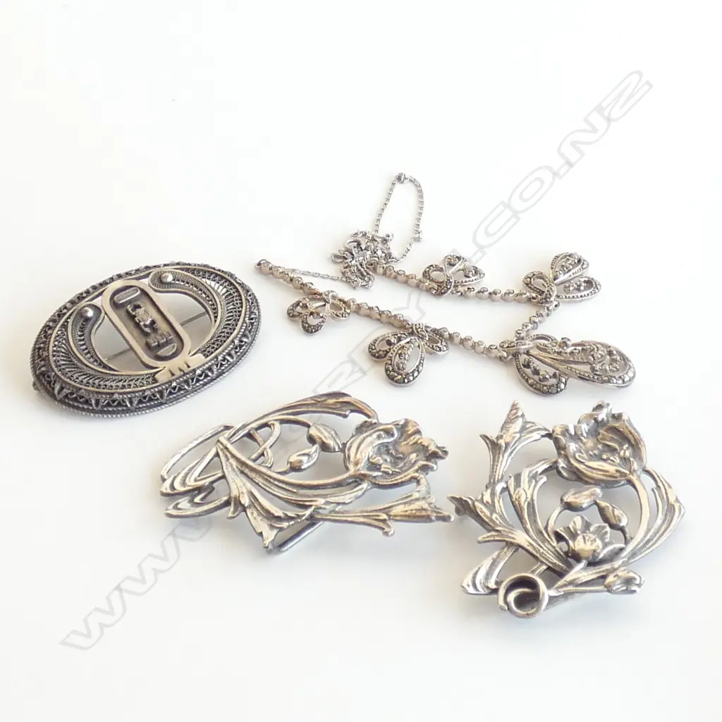 SILVER & MARCASITE NECKLACE/SILVER EGYPTIAN REVIVAL BROOCH/SILVER BUCKLE Image 1++