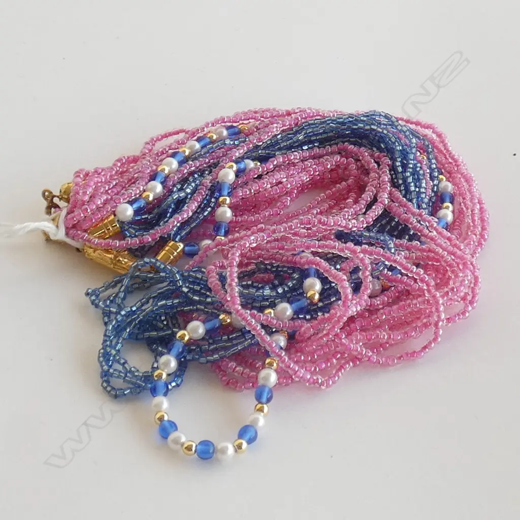 2 MULTI STRAND NECKLACES;ONE PINK & ONE BLUE W FAUX PEARLS Image 1++