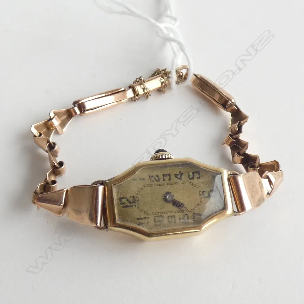 14CT GOLD LADIES DECO WATCH + 9CT CHAIN 8.45 gms+ 15 JEWEL MOVEMENT Image 1++