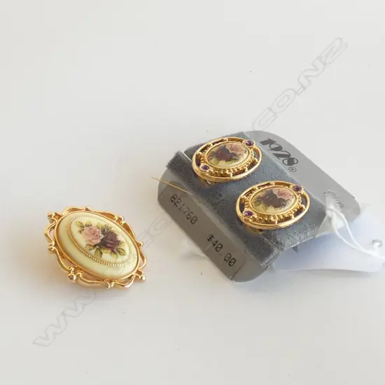 TIMELESS ELEGANCE ROSE FLOWER OVAL CLIP EARRINGS & BROOCH