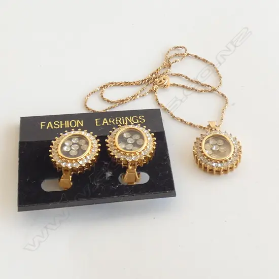 NECKLACE & CLIP EARRING SET; ROUND W CRYSTALS & FLOATING CRYSTALS INSIDE GLASS CASING