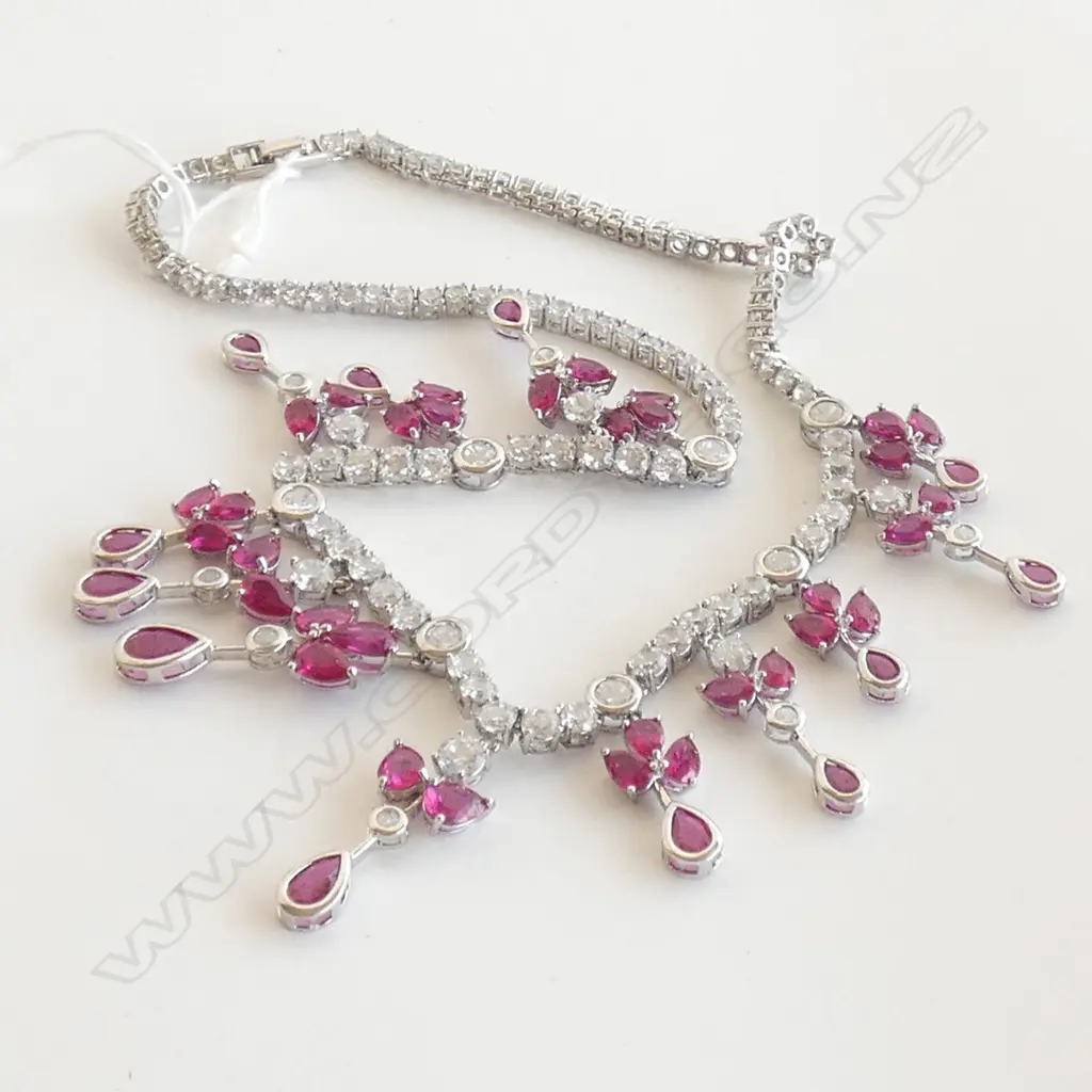 SYN RUBY & CRYSTAL (CZ) DROP SILVER TONE NECKLACE Image 1++