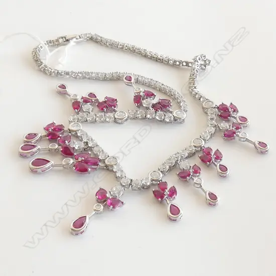 SYN RUBY & CRYSTAL (CZ) DROP SILVER TONE NECKLACE