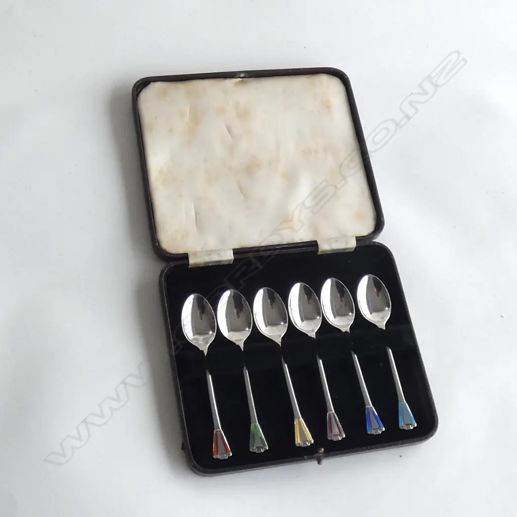 BOXED SET 6 ART DECO STG SILVER & ENAMEL COFFEE SPOONS BIRMINGHAM 1922  40GMS Image 1++