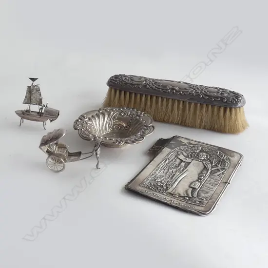 SMALL STG SILVER DISH B'HAM 1902 + STG RICKSHAW & BOAT 44 gms+ STG BRUSH + STG BIBLE COVER