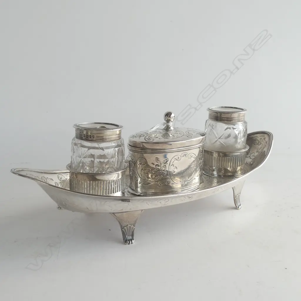 GEORGIAN STG SILVER DESK SET, NEWCASTLE c.1790 w. VICTORIAN BOTTLES 307 GRAMS Image 1++