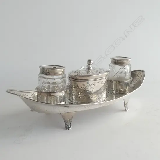 GEORGIAN STG SILVER DESK SET, NEWCASTLE c.1790 w. VICTORIAN BOTTLES 307 GRAMS