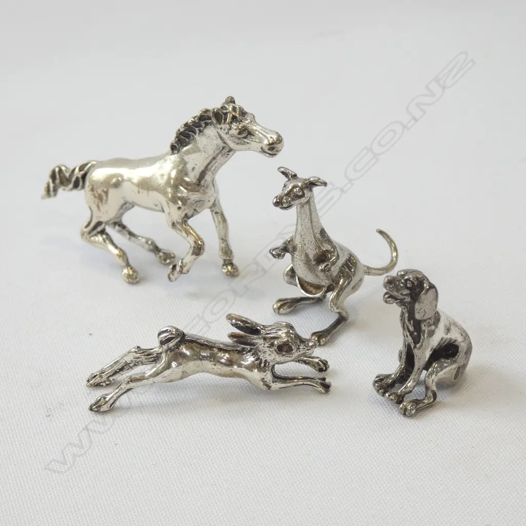 4 ITALIAN SILVER ANIMALS C1990'S - HORSE / DOG / RABBIT /KANGAROO 38GMS Image 1++