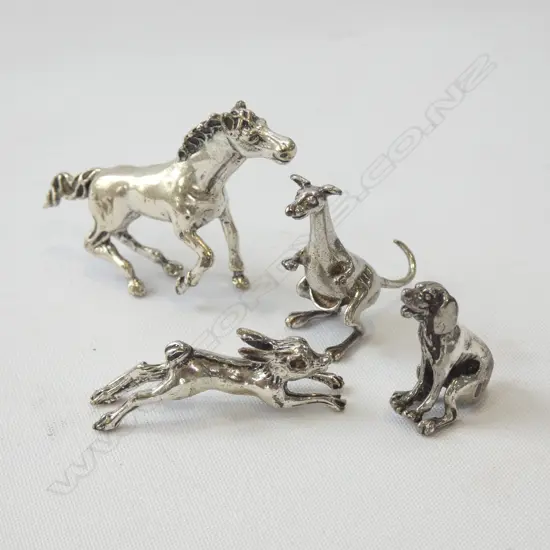 4 ITALIAN SILVER ANIMALS C1990'S - HORSE / DOG / RABBIT /KANGAROO 38GMS