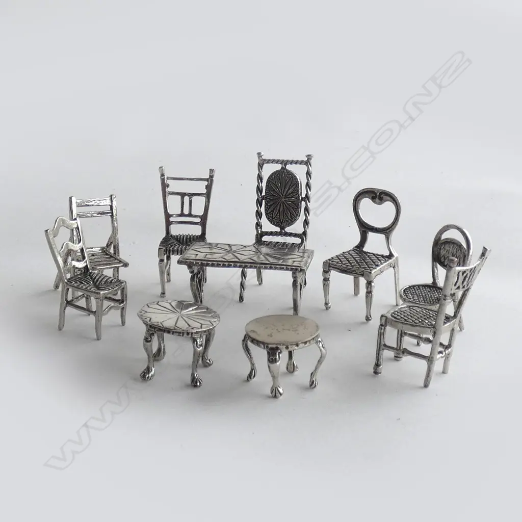 ITALIAN 800 SILVER ASST MINIATURE CHAIRS & TABLES; 3 TABLES & 7 CHAIRS 108GMS Image 1++