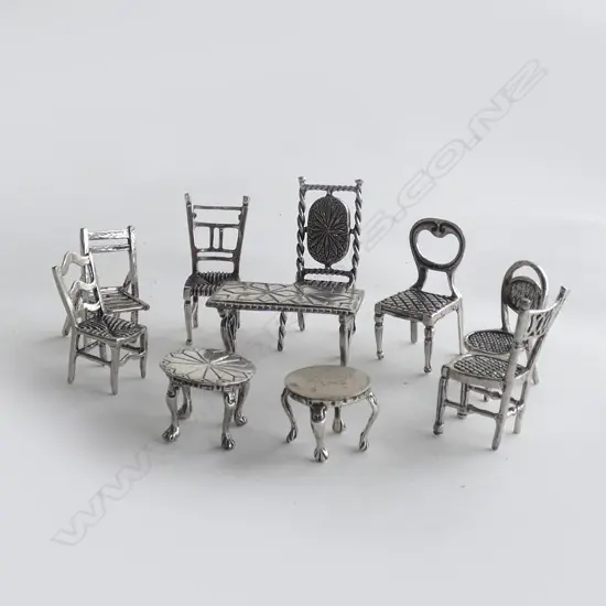ITALIAN 800 SILVER ASST MINIATURE CHAIRS & TABLES; 3 TABLES & 7 CHAIRS 108GMS