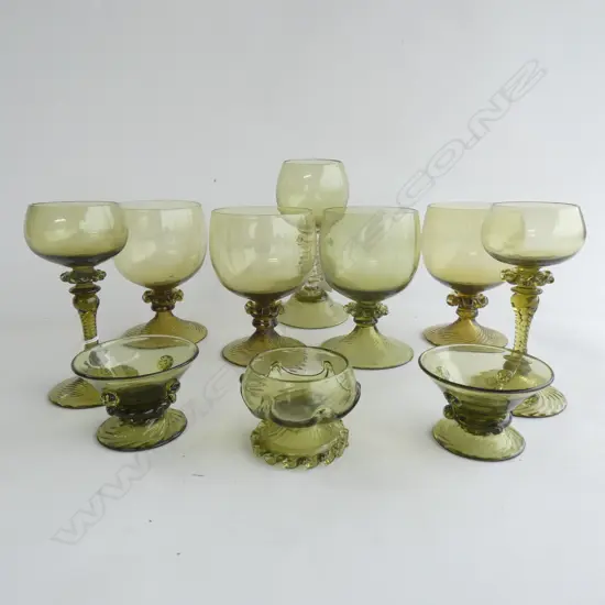 10 PCS GERMAN ROEMER OLIVE GREEN GLASS WARE INCL WINE GLASSES