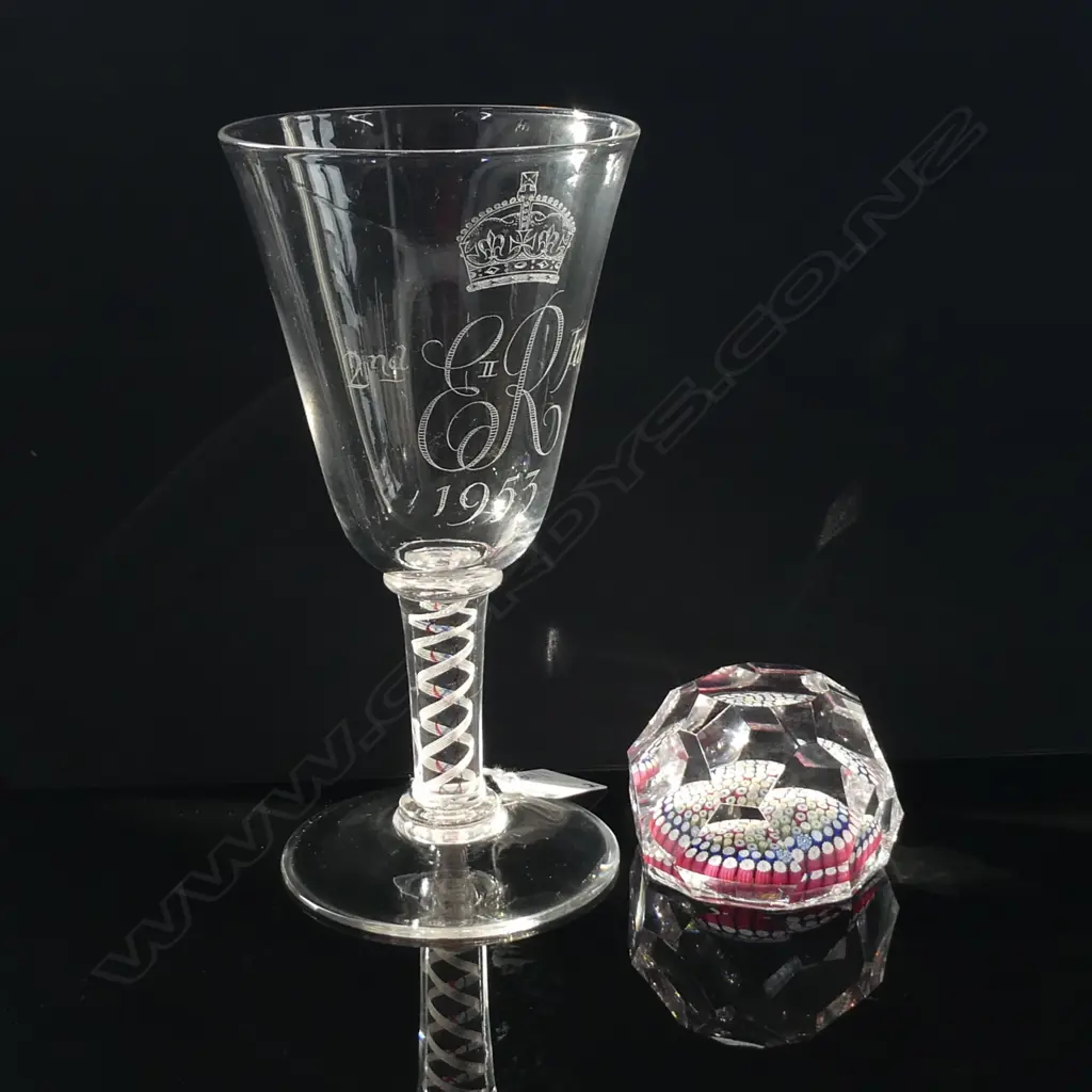 MILLEFIORI PAPERWEIGHT + WHITEFRIARS E.R.1953 CORONATION WINE GLASS H.205mm Image 1++