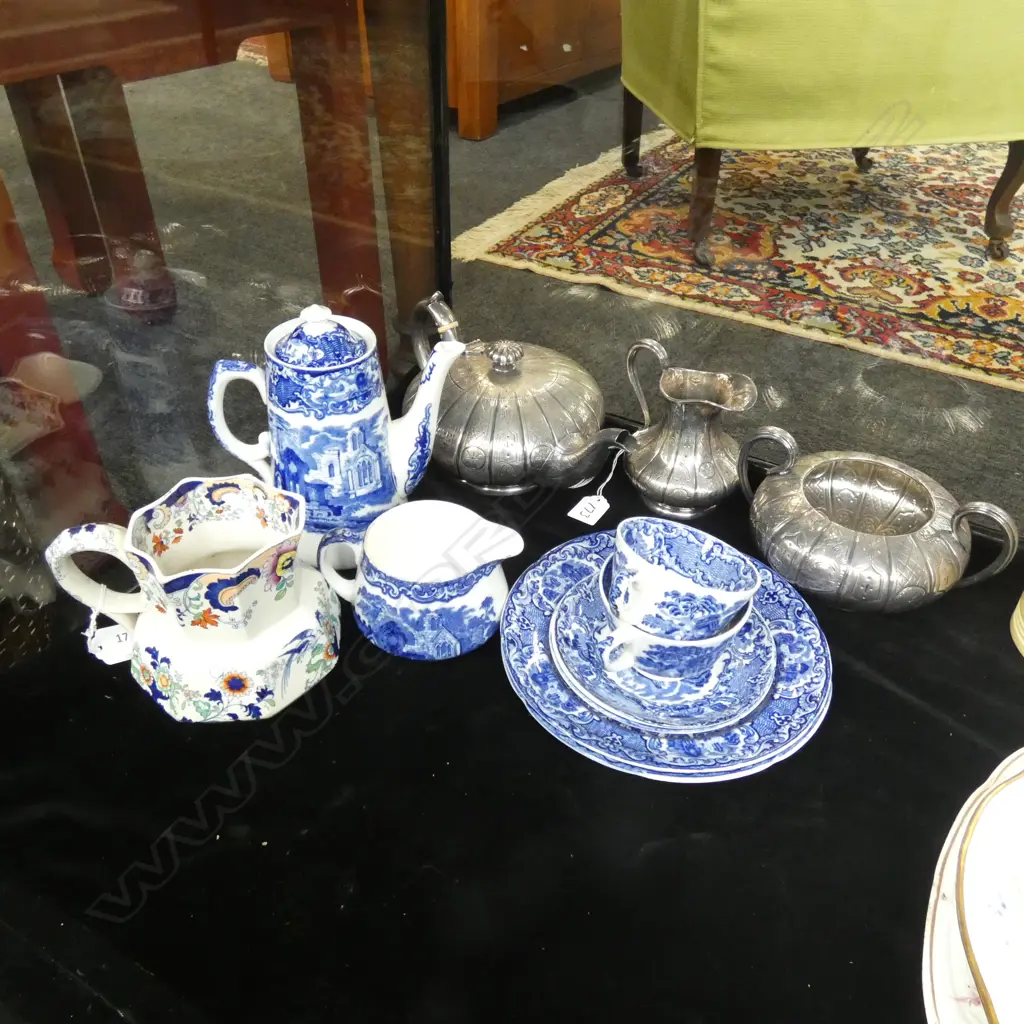 8 PCES B/W 'ABBEY' + MASONS JUG + 3 PCE EP TEA SET Image 1++