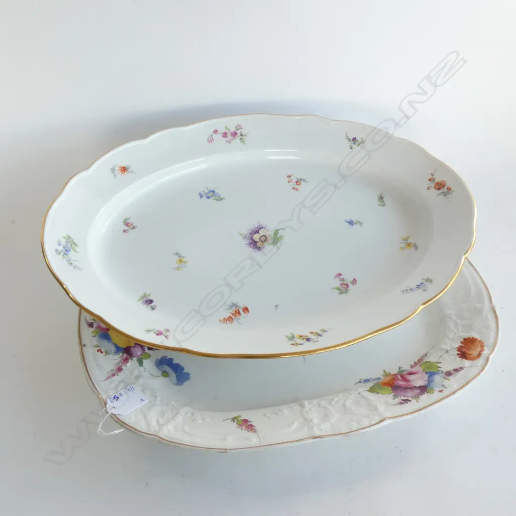 2 LARGE DISHES; COALPORT CHARGER w. FLORAL & MOULDED DECORATION c.1820 + 19thC GERMAN MEISSEN MEAT ASHET... Image 1++