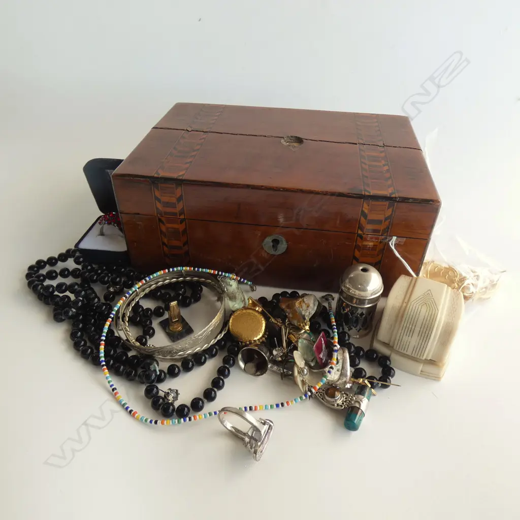 OLD WOODEN INLAID BOX OF ASST JEWELLERY ETC.. Image 1++