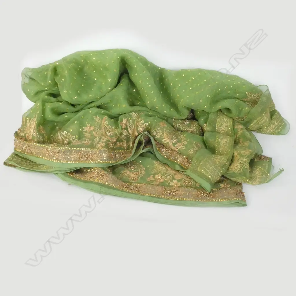 AVOCADO GREEN ANTIQUE EMBROIDERED JULIET DUNN PURE SILK SCARF Image 1++
