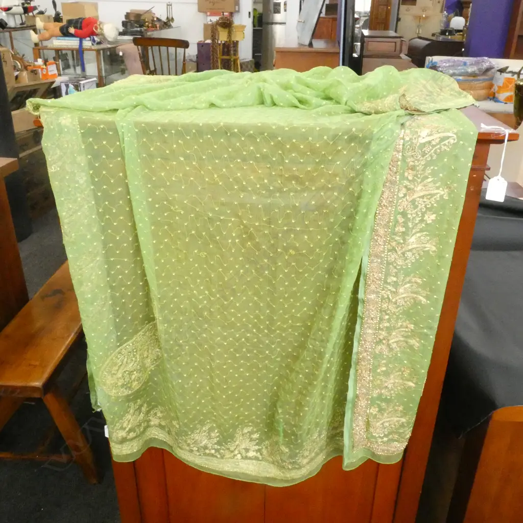 AVOCADO GREEN ANTIQUE EMBROIDERED JULIET DUNN PURE SILK SCARF Image 1++