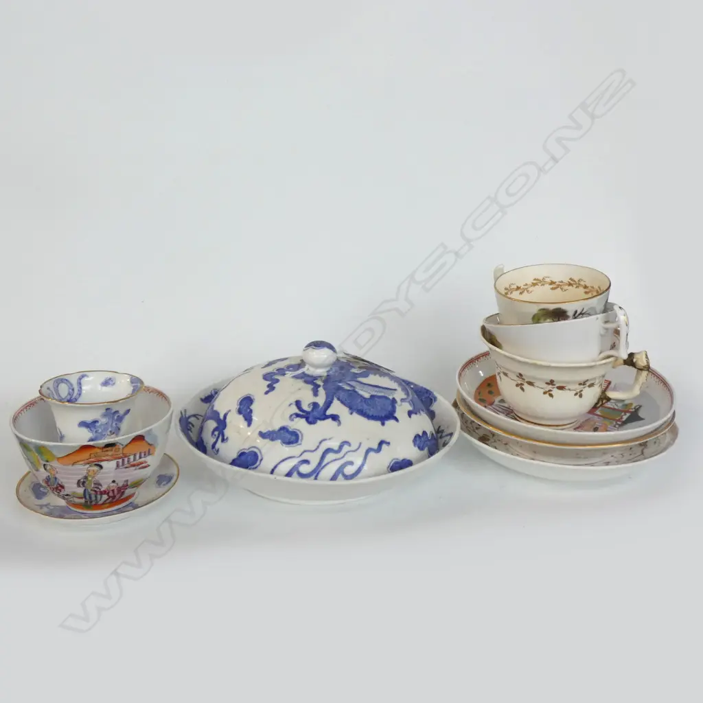 3 19thC C/S + EXTRA CUP + SPODE DRAGON PLATE & LID + R. WORCESTER EGG CUP & SAUCER Image 1++