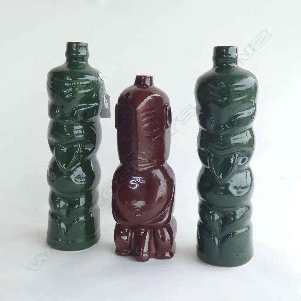 3 CERAMIC TIKI BOTTLES; GREEN PR H.255mm + BROWN H.220mm Image 1++