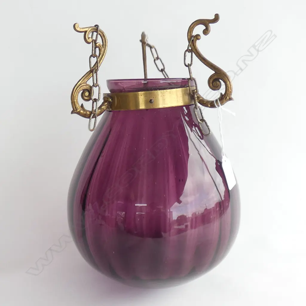 PURPLE GLASS HANGING LIGHT SHADE; TEAR DROP SHAPE w. BRASS BRACKETS H.300mm Image 1++