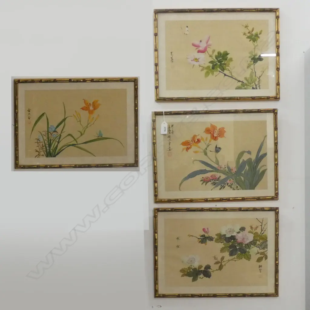 SET OF 4 ORIENTAL W/Cs ON FABRIC 200 x 305mm GILDED FAUX BAMBOO FRAMES Image 1++