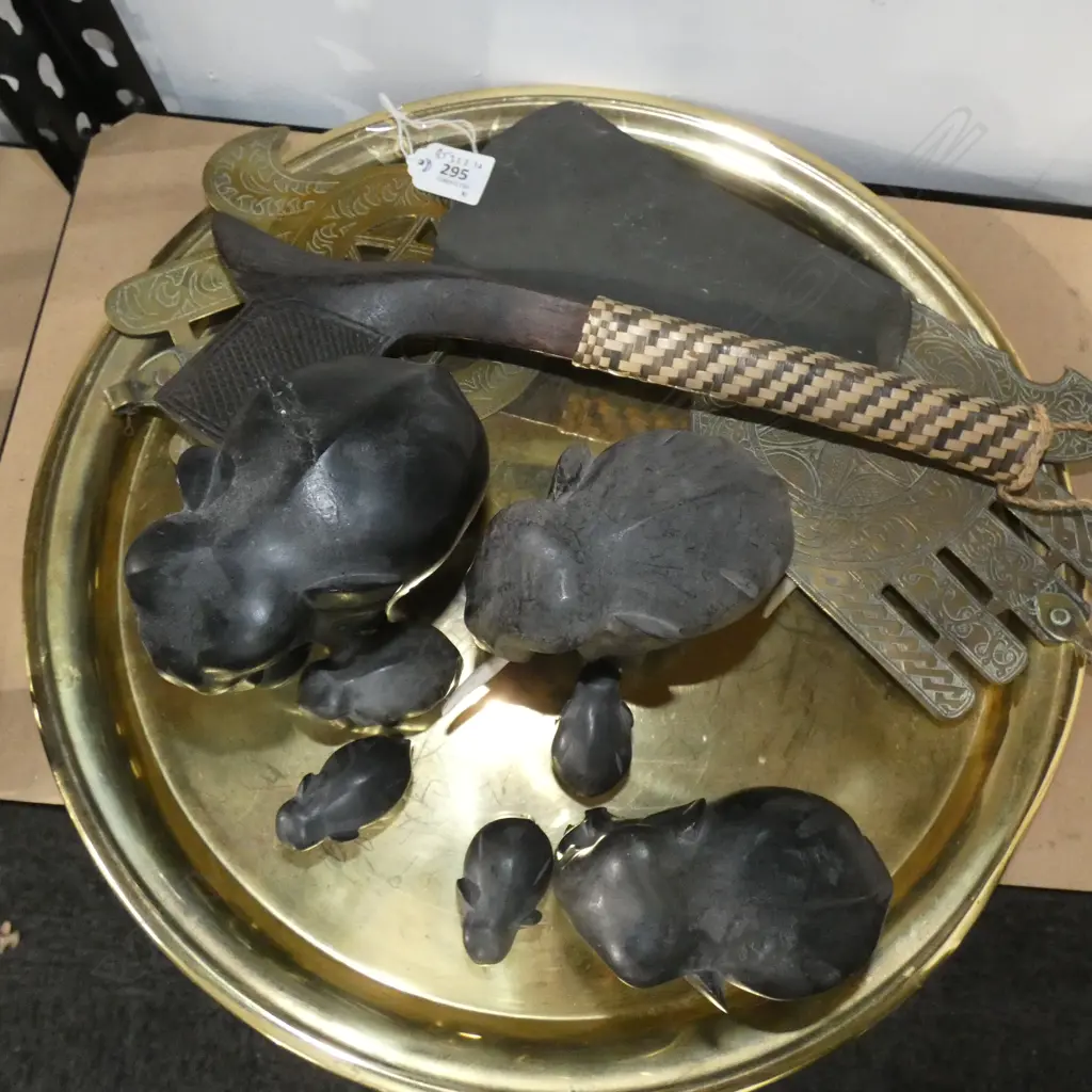 BRASS TRAY, SET GRADUATED EBONY ELEPHANTS, 2 BRASS HANDS, PACIFIC CLUB & ADZE BLADE Image 1++