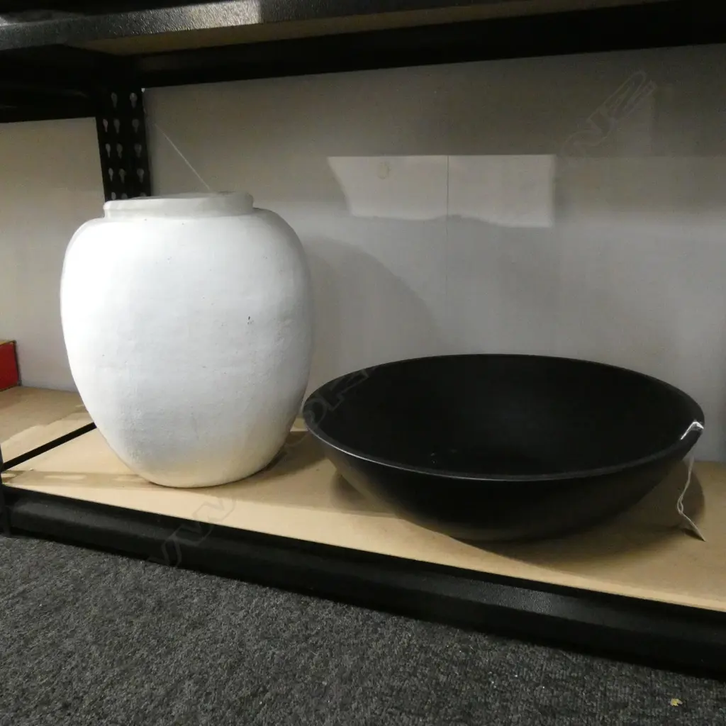 LGE MATTE BLACK WOODEN BOWL (DIA 375mm.) + WHITE PAINTED POTTERY VASE (H 350mm.) Image 1++